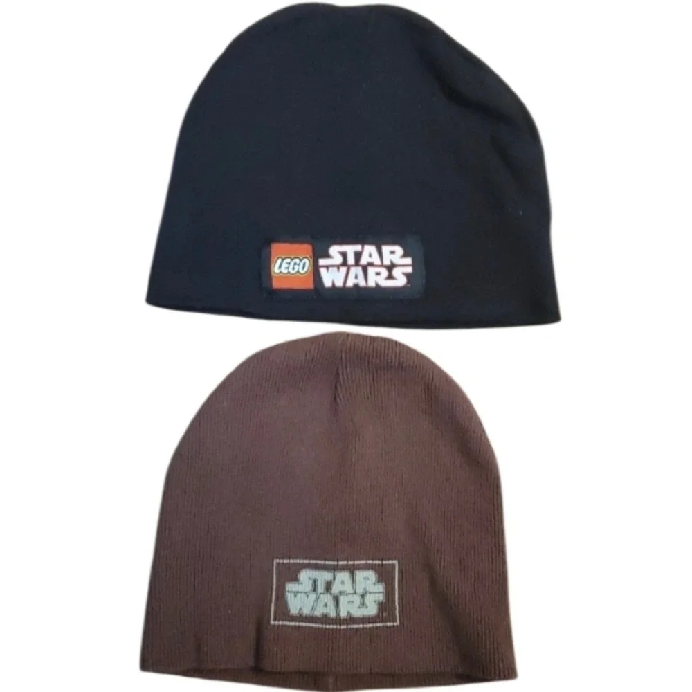 Star Wars 2 Pack Kids Tobaggan Beanie Hats Black Lego & Brown Ribbed